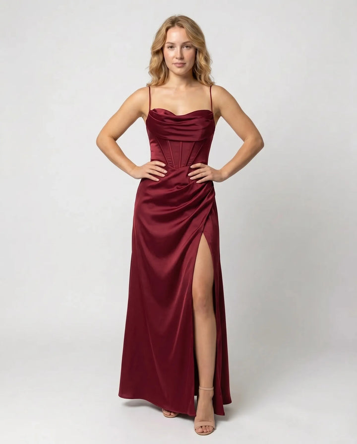 Elegant Silk Maxi Dress for Women – Floor-Length Evening Dress with Spaghetti Straps and Slit