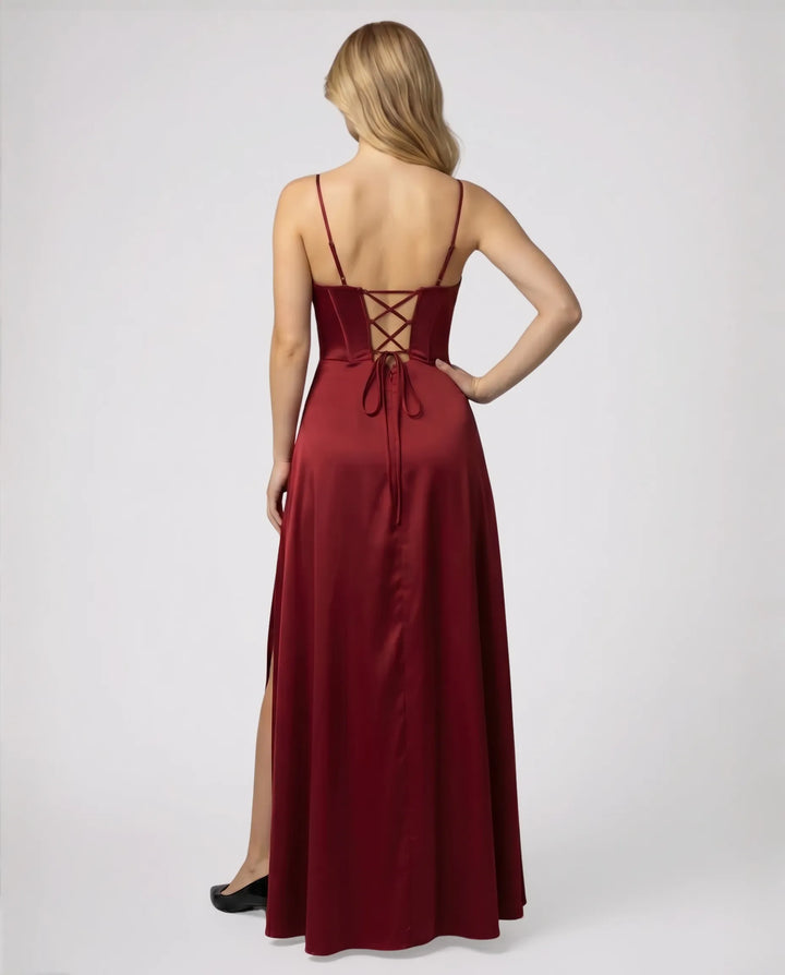 Elegant Silk Maxi Dress for Women – Floor-Length Evening Dress with Spaghetti Straps and Slit