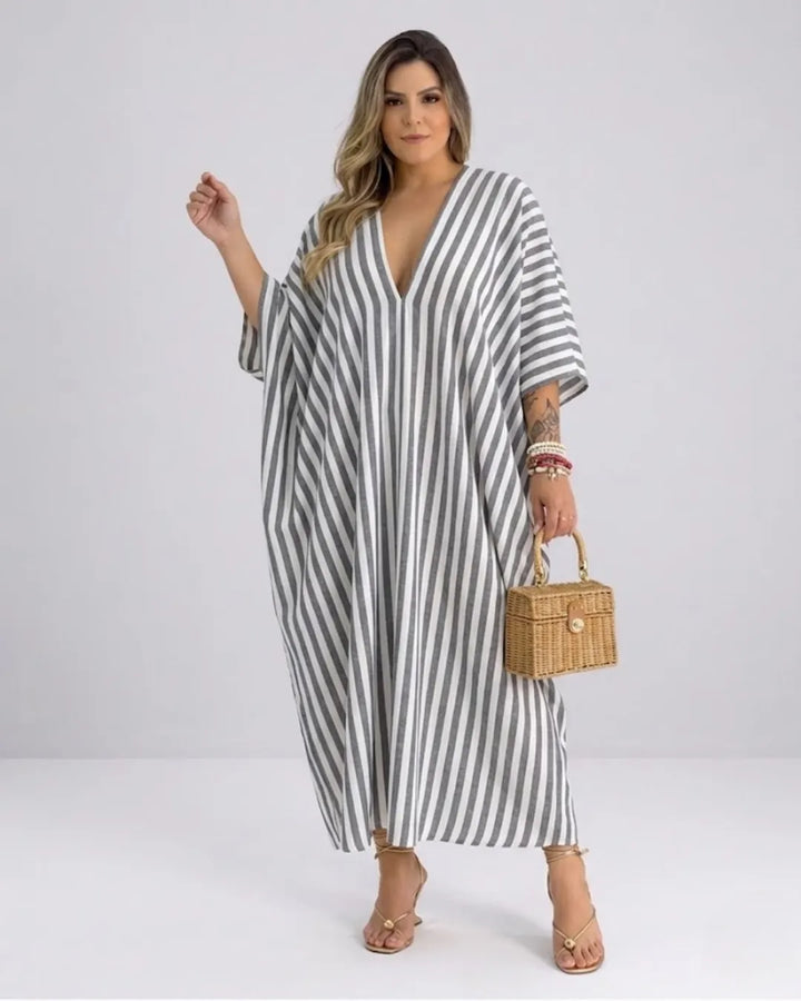Women's Kaftan Maxi Dress – Airy Striped Dress with Deep V-Neck & Batwing Sleeves