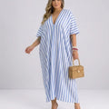 Women's Kaftan Maxi Dress – Airy Striped Dress with Deep V-Neck & Batwing Sleeves