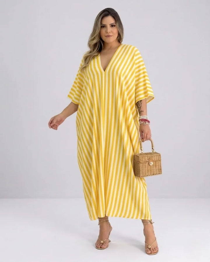 Women's Kaftan Maxi Dress – Airy Striped Dress with Deep V-Neck & Batwing Sleeves