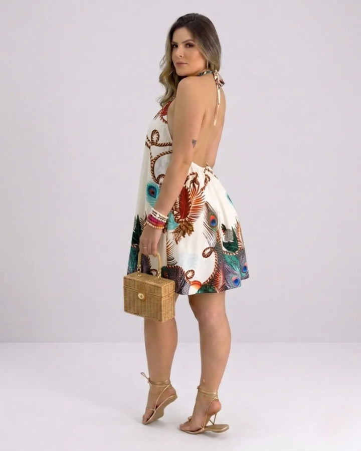 Women's Halter Neck Swing Dress – Tropical Mini Dress with Floral Print | Beach Dress