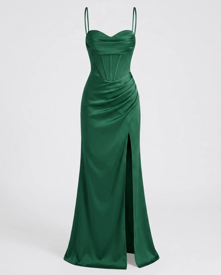 Elegant Silk Maxi Dress for Women – Floor-Length Evening Dress with Spaghetti Straps and Slit
