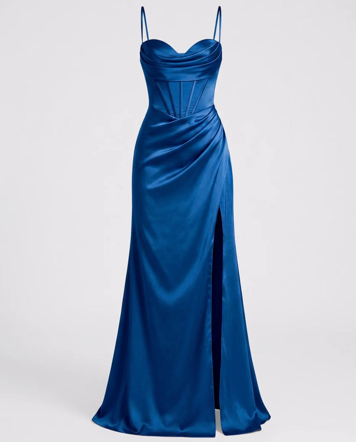 Elegant Silk Maxi Dress for Women – Floor-Length Evening Dress with Spaghetti Straps and Slit