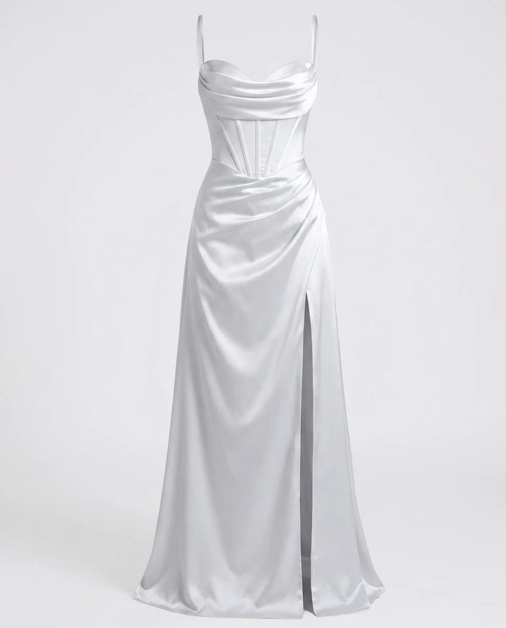 Elegant Silk Maxi Dress for Women – Floor-Length Evening Dress with Spaghetti Straps and Slit