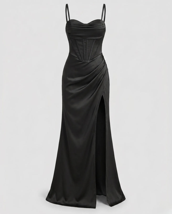 Elegant Silk Maxi Dress for Women – Floor-Length Evening Dress with Spaghetti Straps and Slit