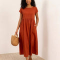 Capped-sleeve, Voluminous Pleated Midi Dress