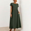 Capped-sleeve, Voluminous Pleated Midi Dress