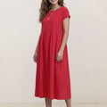 Capped-sleeve, Voluminous Pleated Midi Dress