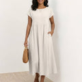 Capped-sleeve, Voluminous Pleated Midi Dress