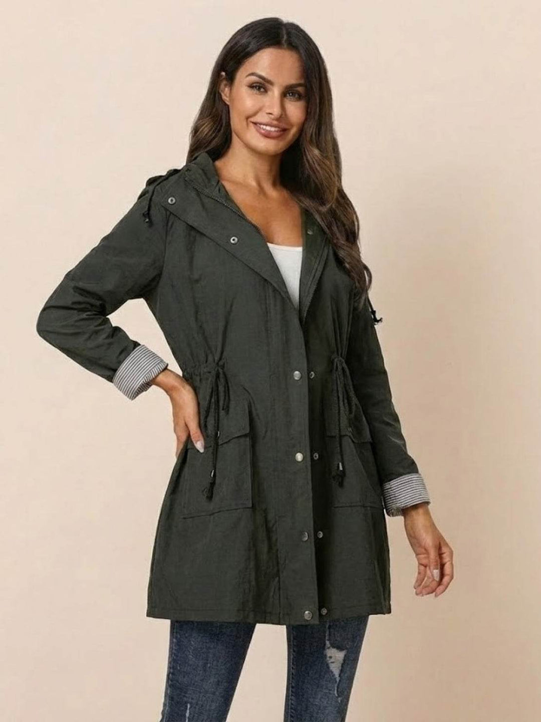Water Resistant Hooded Striped Windbreaker Rain Jacket