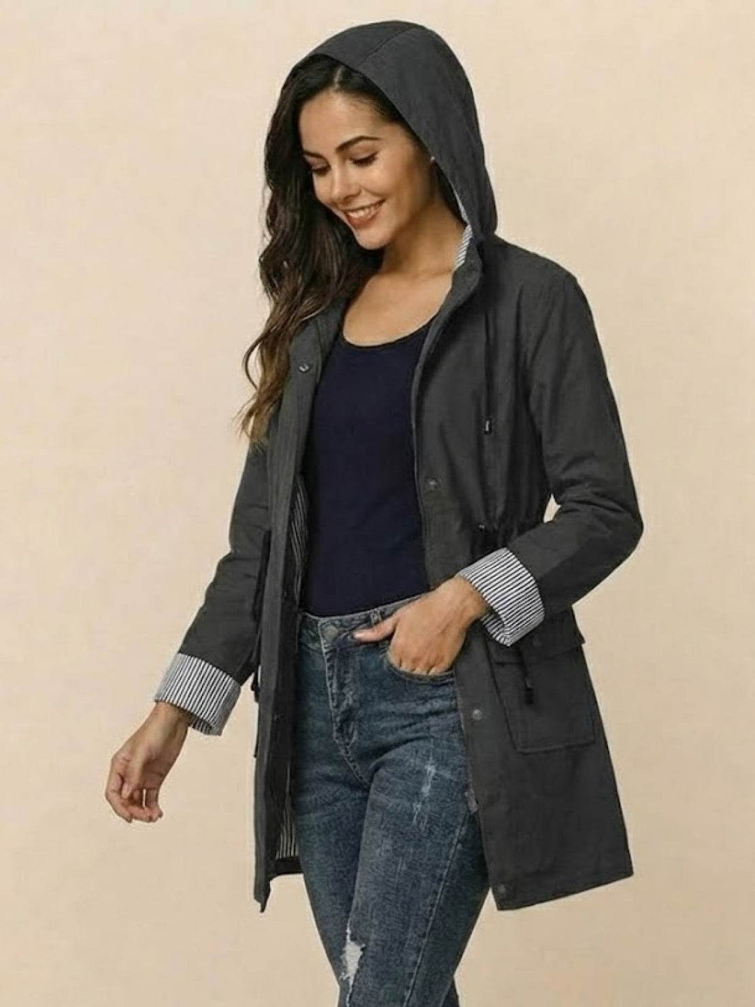 Water Resistant Hooded Striped Windbreaker Rain Jacket