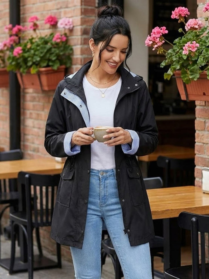 Water Resistant Hooded Striped Windbreaker Rain Jacket