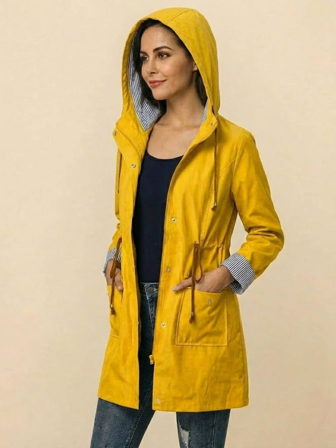Water Resistant Hooded Striped Windbreaker Rain Jacket