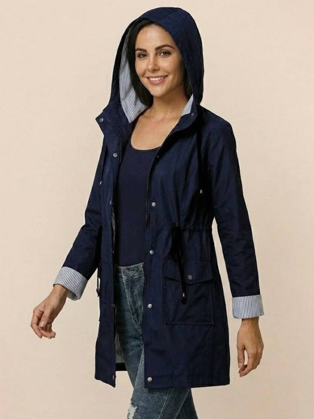 Water Resistant Hooded Striped Windbreaker Rain Jacket