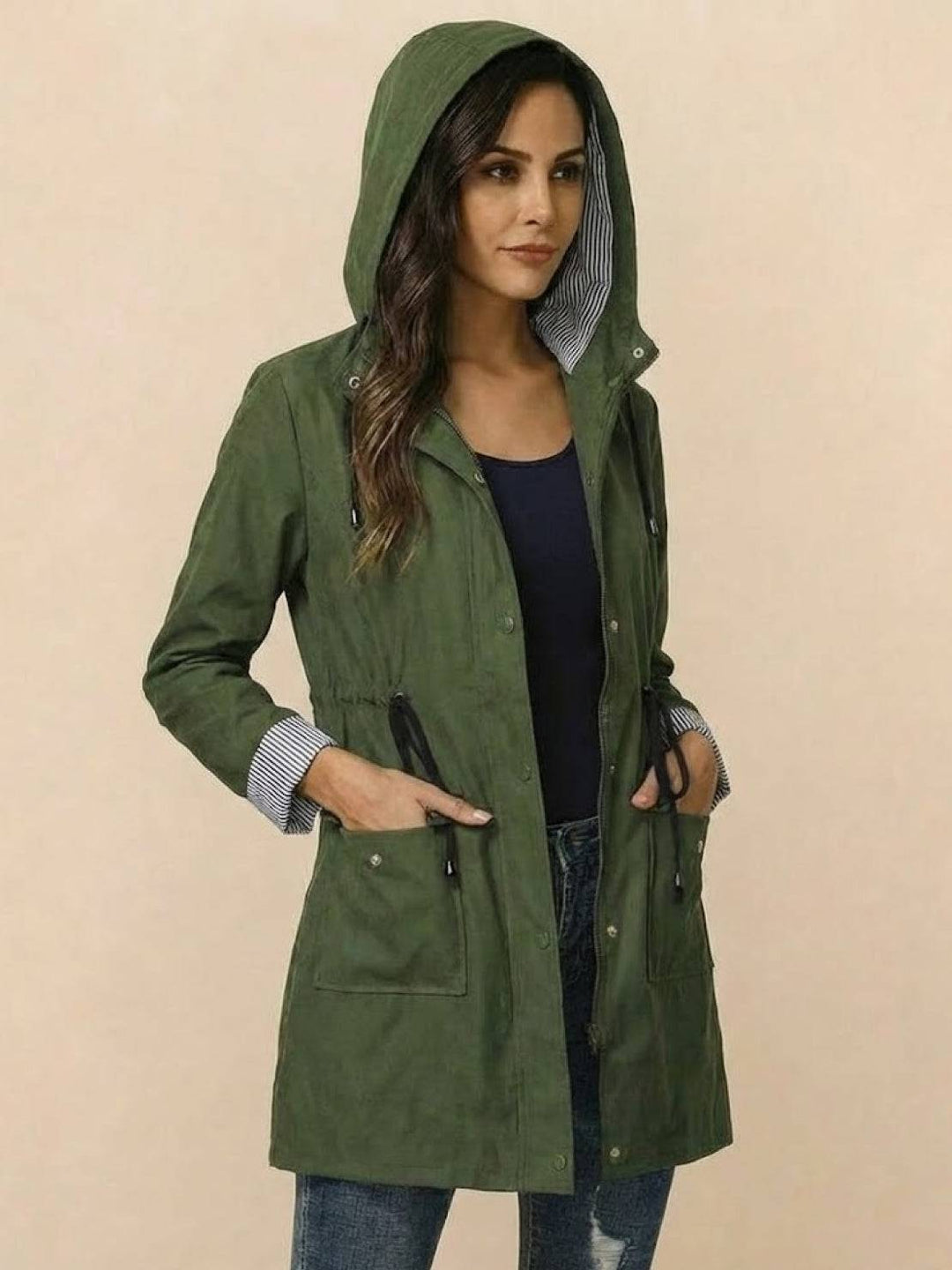 Water Resistant Hooded Striped Windbreaker Rain Jacket
