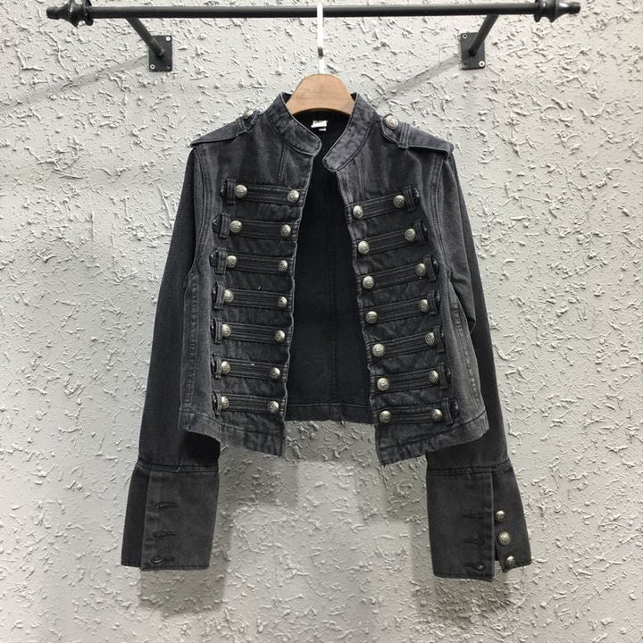 Women’s Military Officer Style Denim Jacket with Stand Collar