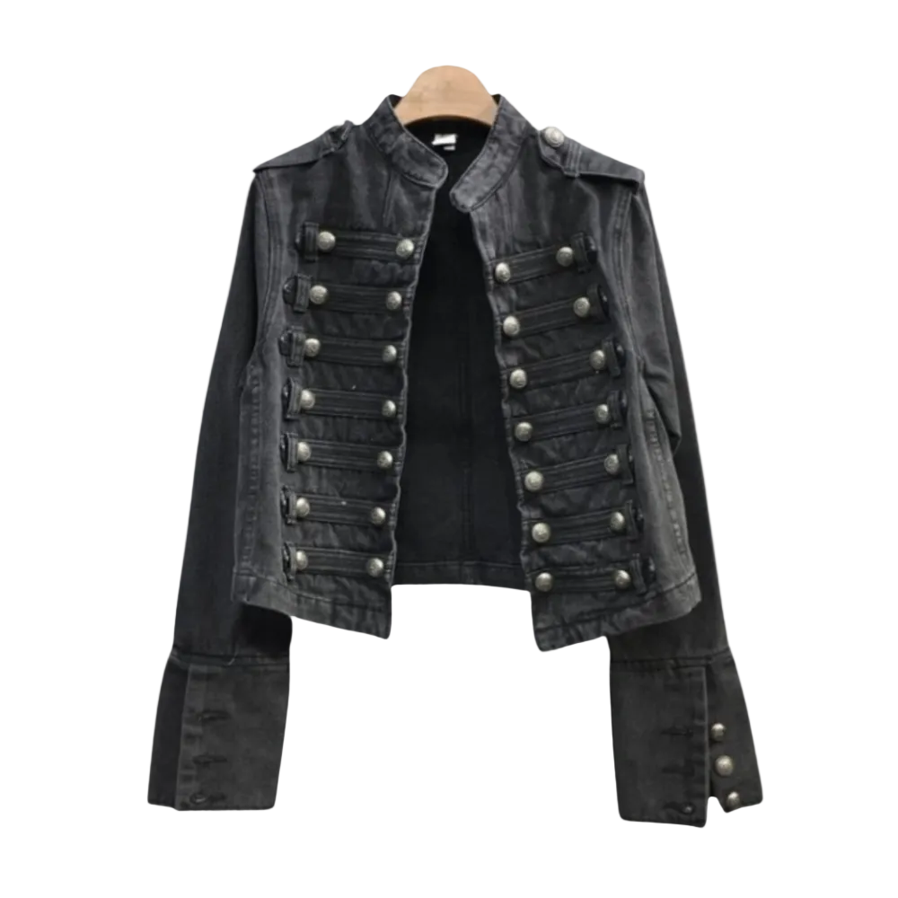 Women’s Military Officer Style Denim Jacket with Stand Collar